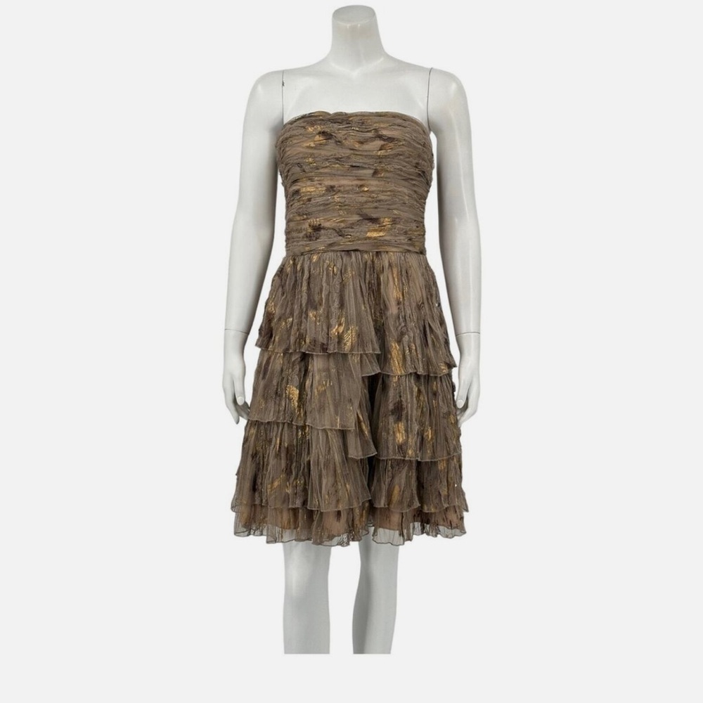 🎉 Aidan Mattox Strapless Ruffle Tiered Taupe Metallic Sequined Corset Dress Sz8